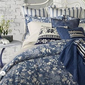 $430 Ralph Lauren Indigo Cottage Floral Cotton Duvet Cover Blue KING